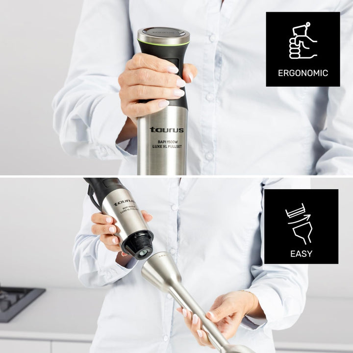 Taurus Bapi 1500 Luxe XL – Stabmixer 1500 W | XL-Edelstahlstab | 20 Geschwindigkeiten + Turbo | Dopp