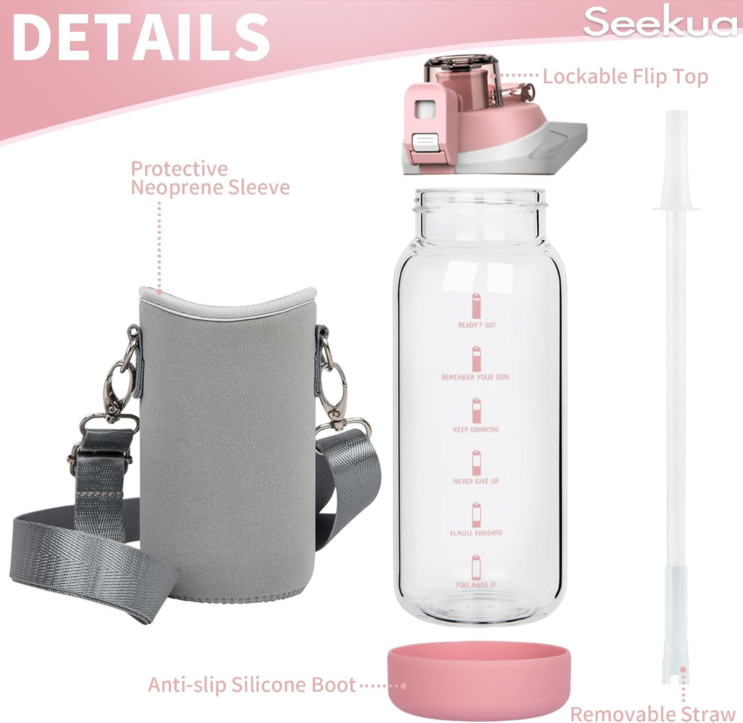 Seekua 0.6l Sport Trinkflasche Glas Flasche mit Strohhalm & Zeitmarkierung für Kinder, Schule 600ml