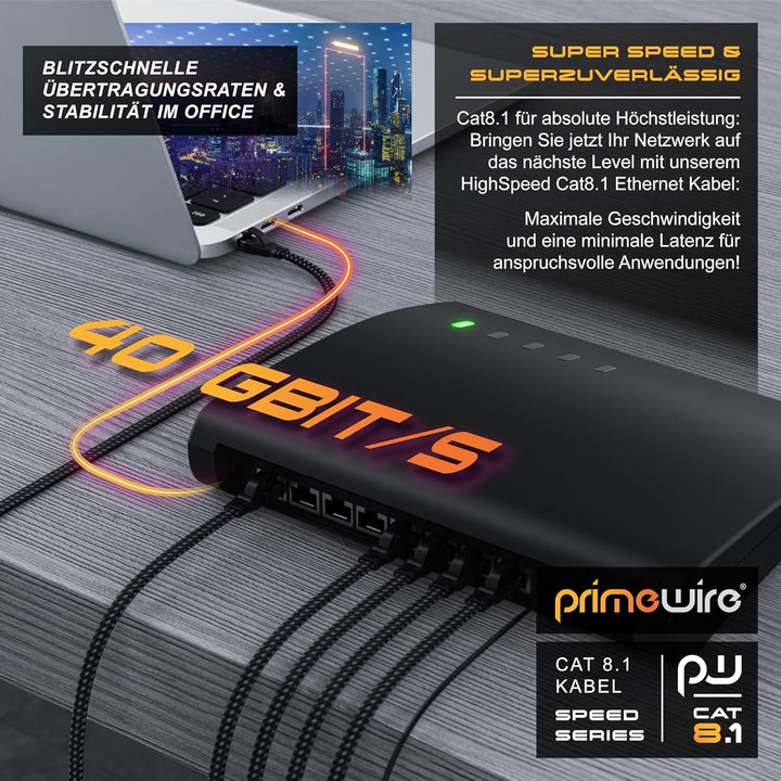 CSL - 10m CAT8.1 Netzwerkkabel Flach 40 Gbits - Baumwollmantel - LAN Kabel Patchkabel - CAT8 Gigabit