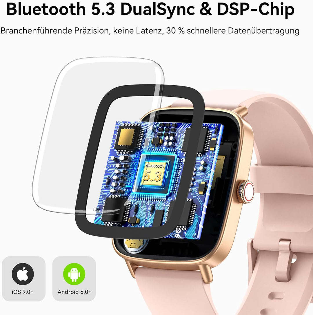 Yoever Smartwatch Damen mit Telefonfunktion - 1.85" Fitnessuhr Damen mit Herzfrequenz SpO2 Schlafmon