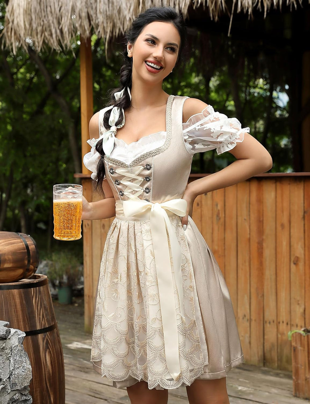 Clearlove Damen Dirndl midi 3tlg.Trachtenkleid für Oktoberfest,Karneval,DREI Teilig: Kleid, Bluse, S