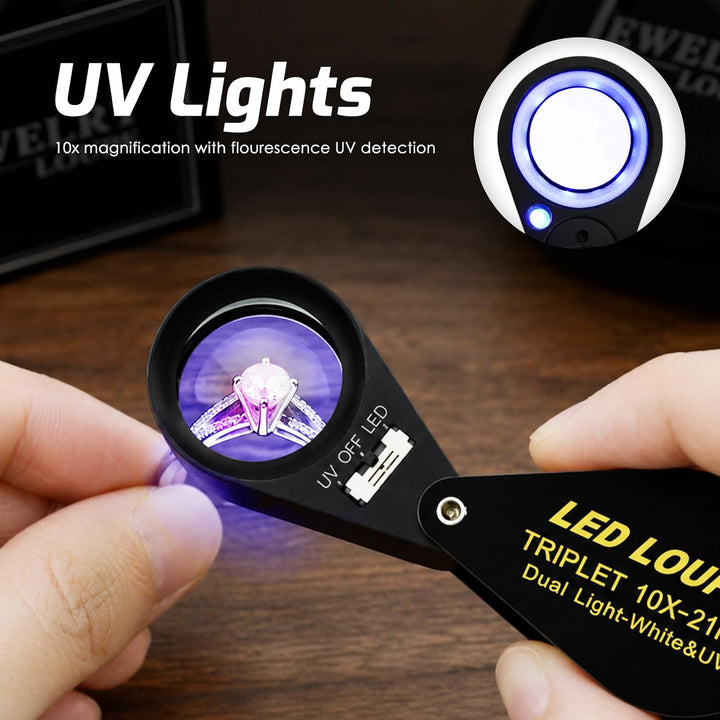 10x21mm Lupe Juwelier Lupe LED UV-Licht Triplet Objektiv Vergrösserungsstein Optisches Werkzeug 10-f