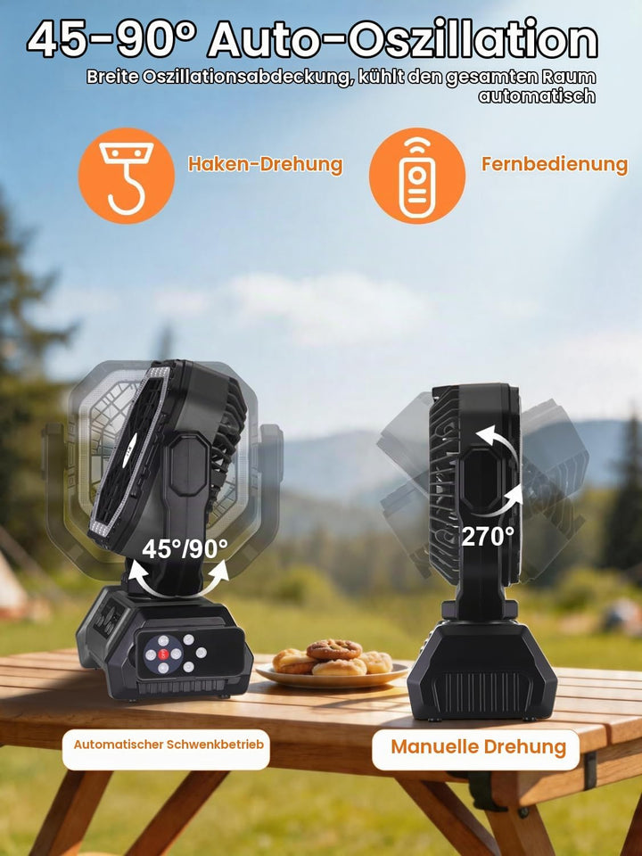 Wiederaufladbarer Camping Ventilator mit Auto-Schwenk &amp; Fernbedienung | 30000mAh Akku betriebener Ze