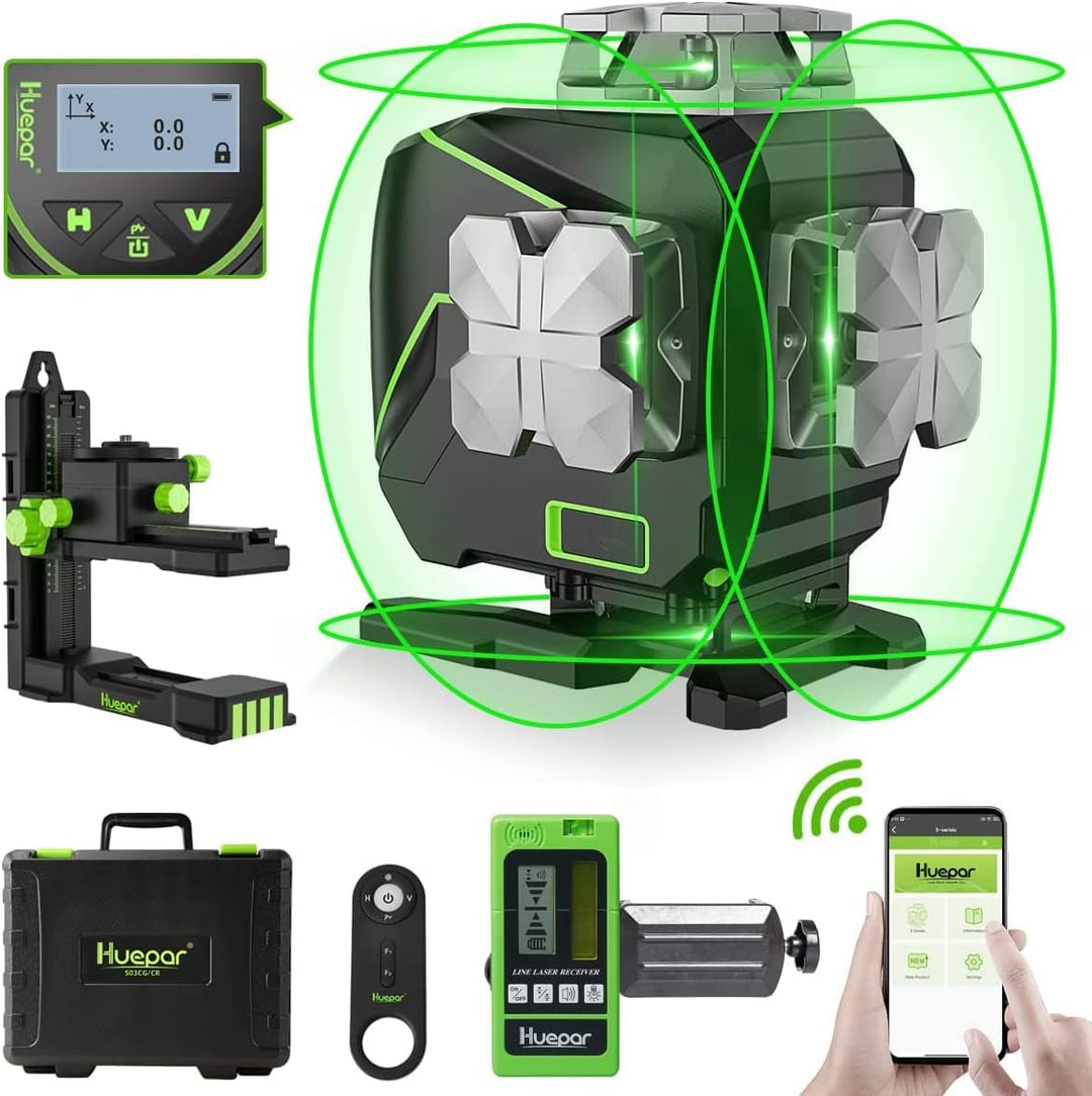 Huepar 16 Linien Selbstnivellierender Laser Level 4x360° Kreuzlinienlaser mit Empfänger - LCD-Bildsc