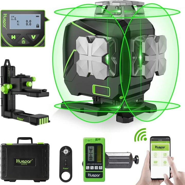 Huepar 16 Linien Selbstnivellierender Laser Level 4x360° Kreuzlinienlaser mit Empfänger - LCD-Bildsc