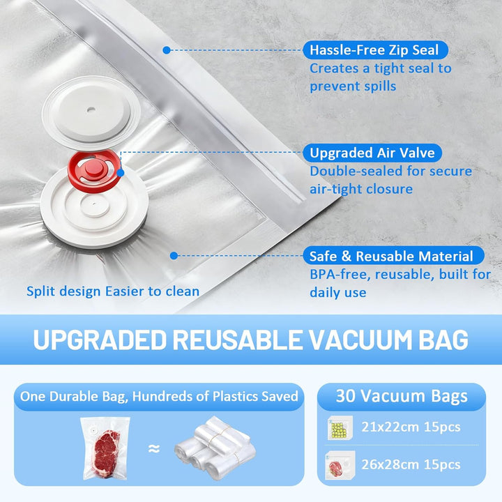 Vakuumiergerät, Mini Handvakuumierer, Vakuumierer für Lebensmittel mit 30 Wiederverwendbare Vakuumbe