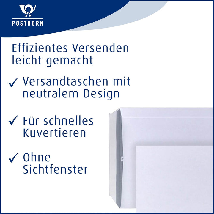 POSTHORN Versandtasche B5 (500 Stück), haftklebende Versandtaschen ohne Fenster, weisse Versandtasch