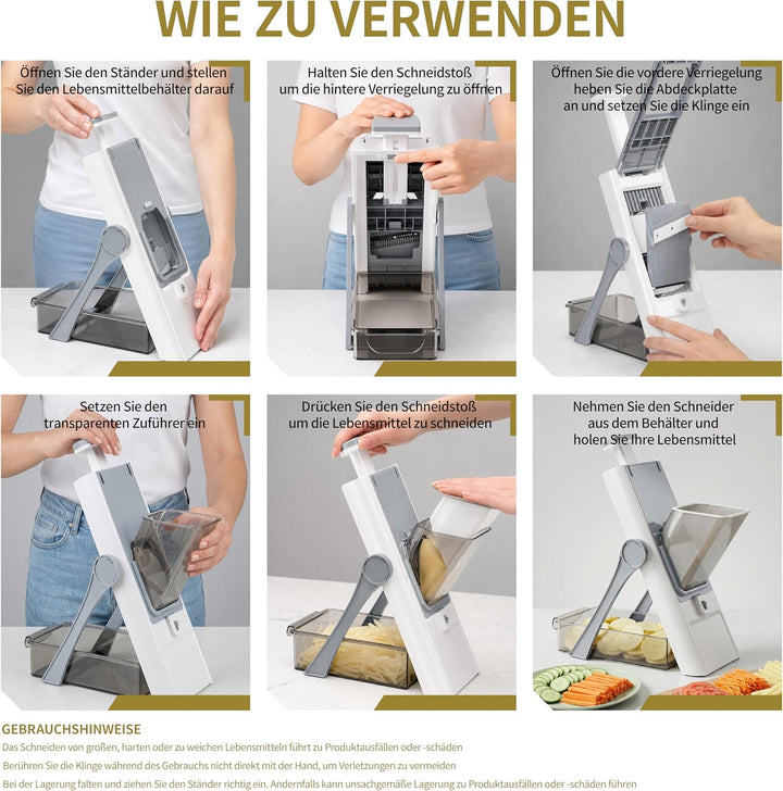 Sichere Mandoline 5 in 1, Gemüseschneider & Kartoffelschneider mit abnehmbaren Klingen | Erzeugt Sch