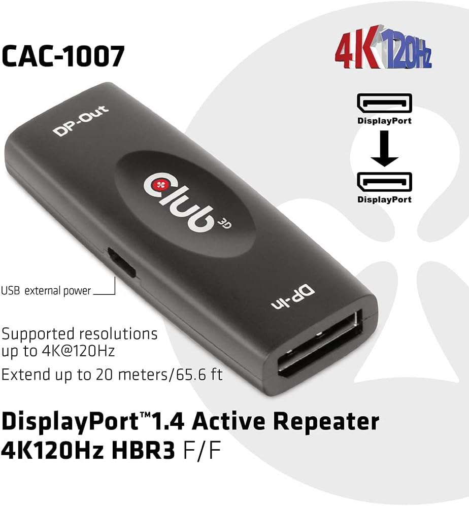 Club3D DisplayPort™ 1.4 Aktiver Repeater/Signalverstärker 4K120Hz HBR3 B/B