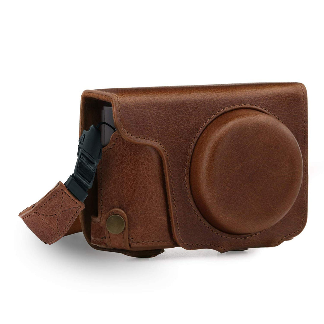 MegaGear Panasonic Lumix DC-TZ100, TZ200 Ever Ready Echtleder Kamera-Case mit Trageriemen - Braun MG