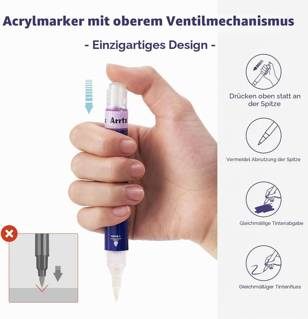 Arrtx Acrylstifte für Steine Bemalen, 24 Farben Simptap Top Valve Action Acrylmarker, Pinselspitze A