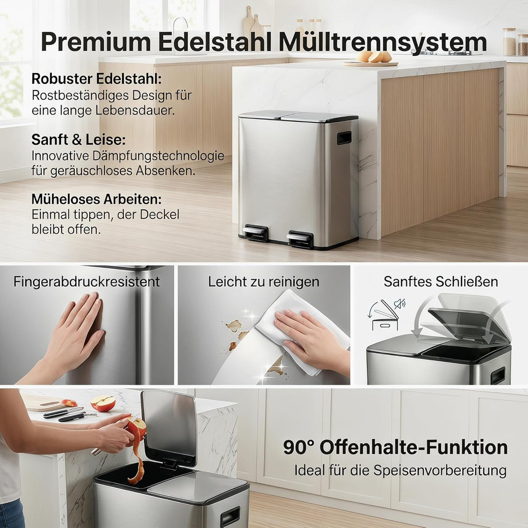 Mülleimer Küche 2 x 19 L(38L), Edelstahl Treteimer mit Deckel, Mülltrennsystem 2 Fächer, Abfalleimer