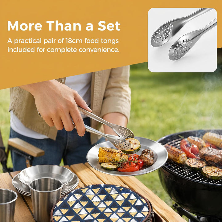 Campingbesteck Set 2 Person, 15 Stück Edelstahl Besteck mit Etui Messer Gabel Löffel Teller Kaffeebe