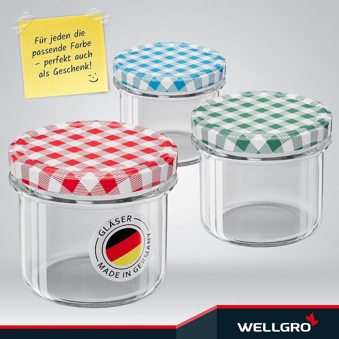 WELLGRO 25x Einmachgläser mit Schraubdeckel - 235ml - Deckel To 82 rot kariert - Made in Germany - V