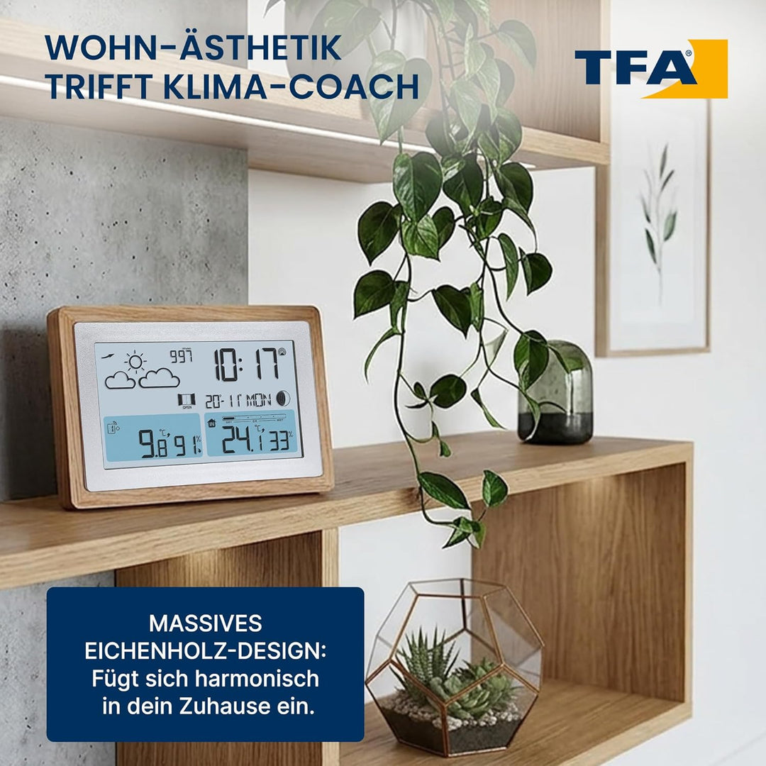 TFA Dostmann Funk-Wetterstation mit Aussensensor OAK, 35.1167.54, Wettervorhersage, mit Holz-Rahmen,