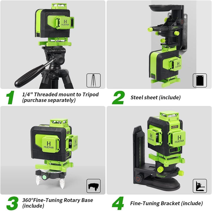 Huepar 904DG 4x360 Laserniveau Selbstnivellierend 16 Linien Grüner Strahlen 4D Kreuzlinien Fliesen B