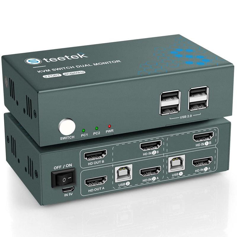 Steetek KVM Switch 2 Monitore 4K@60Hz, USB2.0, KVM Switch HDMI unterstützung Button Switch, 2 PC 2 M