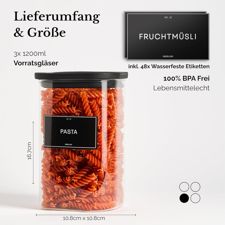 Greeano Vorratsgläser eckig mit Glasdeckel 1200ml [3er Set] – Vorratsdosen Glas luftdicht & mottensi