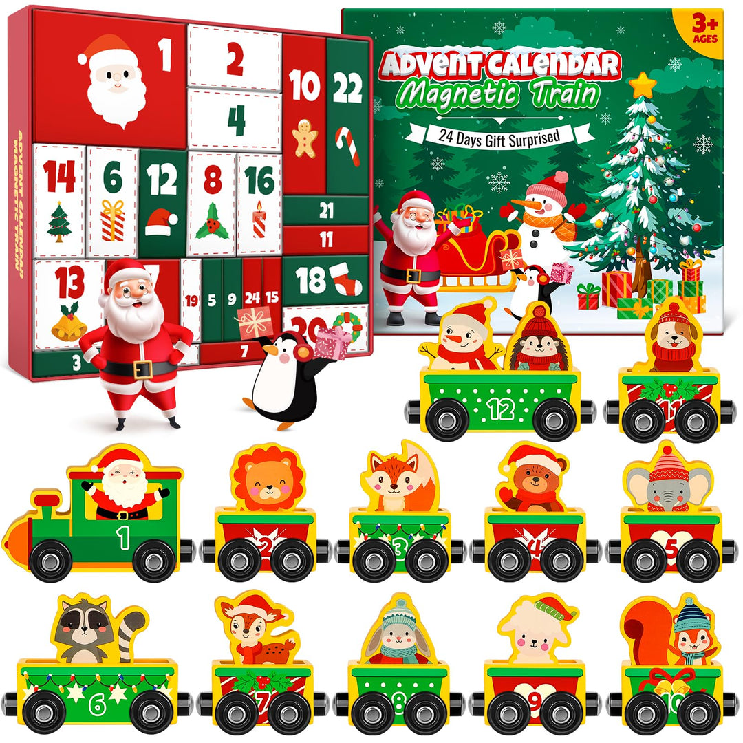 Adventskalender 2025 Kinder, Weihnachtskalender Kleinkind Baby Magnetischer Holzzug, 24 Tage Advents