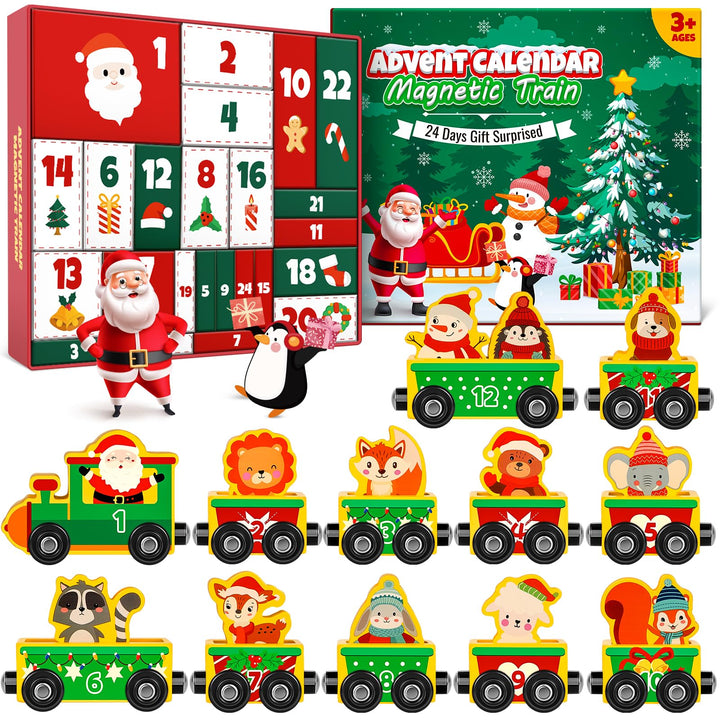 Adventskalender 2025 Kinder, Weihnachtskalender Kleinkind Baby Magnetischer Holzzug, 24 Tage Advents