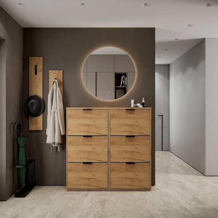 Planetmöbel 2 x Schuhschrank schmal mit 3 Klappen platzsparender Schuhregal mit 6 Ablagen, Schuhkomm