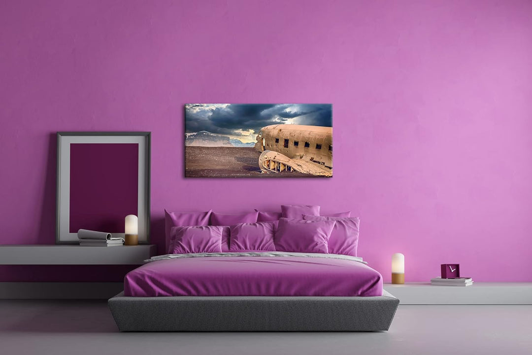 abgestürztes Flugzeug Panorama 120x60 cm als Leinwandbild, Motiv fertig gerahmt auf Echtholzrahmen,