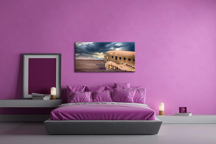 abgestürztes Flugzeug Panorama 120x60 cm als Leinwandbild, Motiv fertig gerahmt auf Echtholzrahmen,