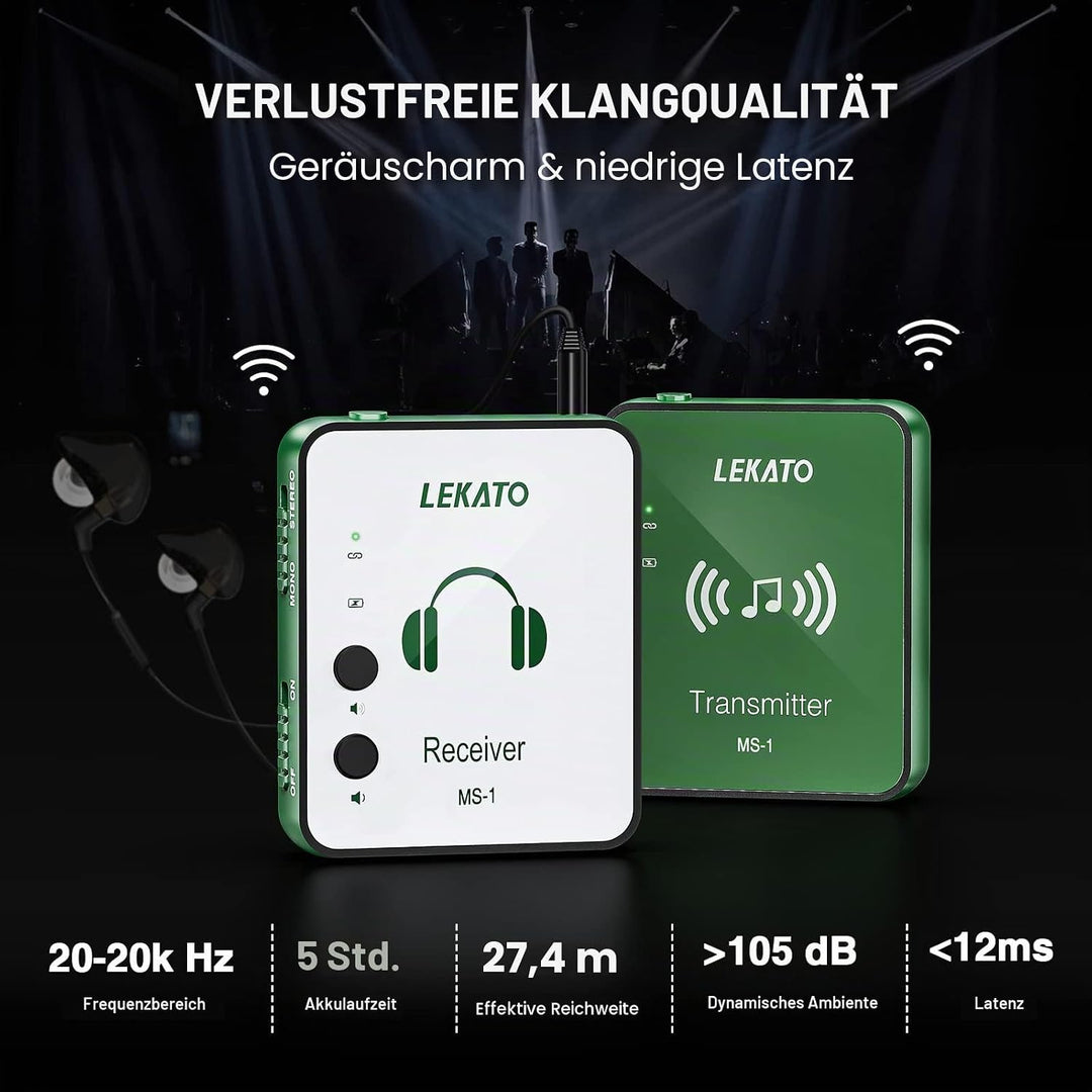 LEKATO Kabelloses In-Ear-Monitorsystem, 2,4 GHz, kabelloses IEM-System mit Sender, Gürtelpack-Empfän