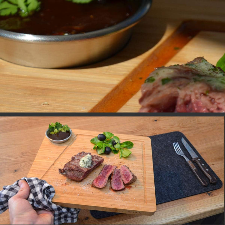 DuneDesign 4x Steakteller Holz mit Dipschalen - 30x25cm Bambus Teller Set - Grill Servierplatte Holz