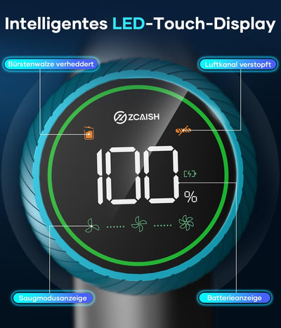 ZCAISH Akku Staubsauger, 45000Pa/550W/60 Mins Staubsauger Kabellos mit Smart Display, Staubsauger mi