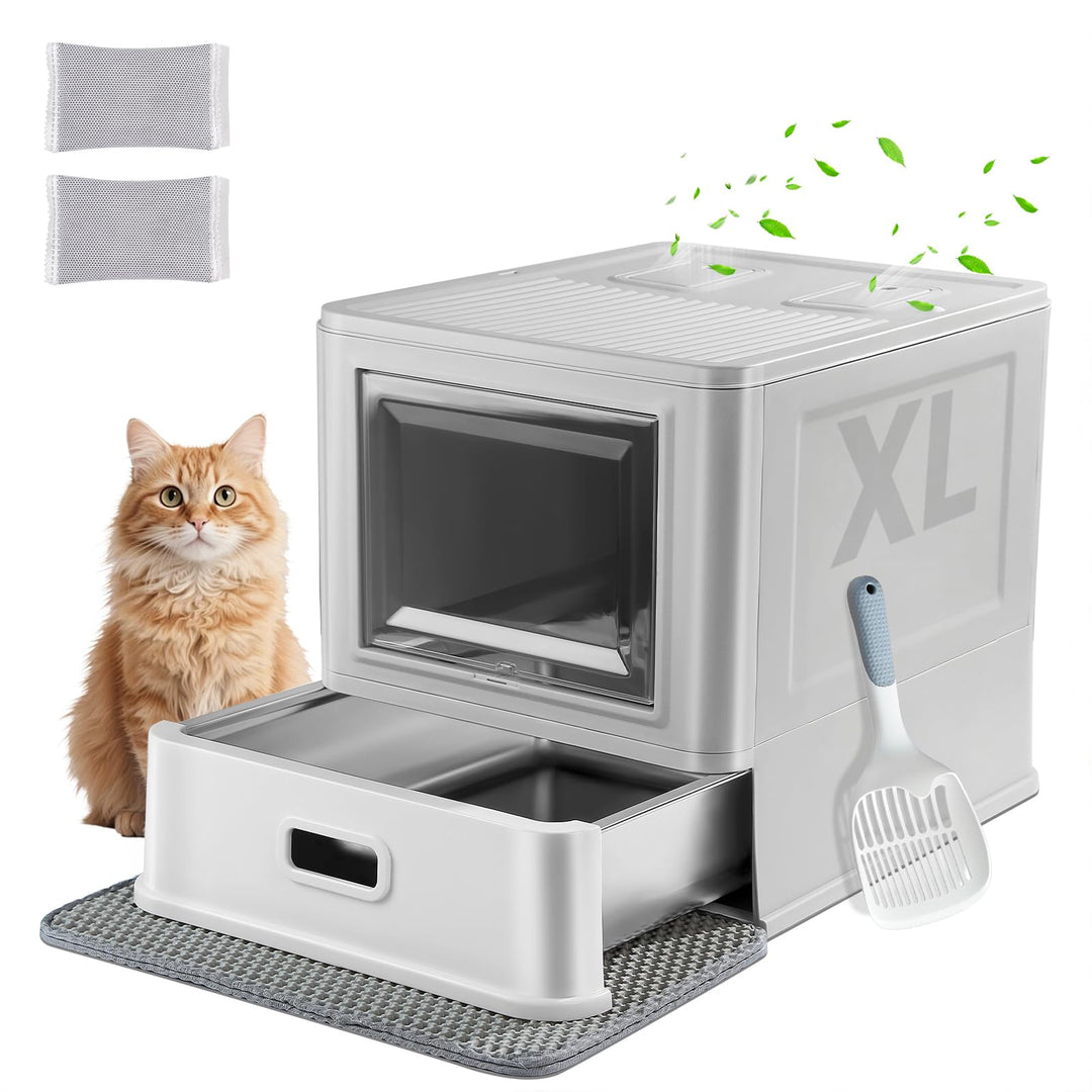 Marchul XL Katzentoilette, Geschlossene Katzentoilette aus Edelstahl mit Deckel und Schubladen-Desig