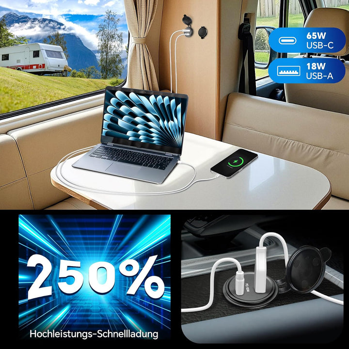 acegoo 12V USB C Steckdose 65W PD &amp; 18W QC, Wohnmobil Auto USB Dose Buchse 12 Volt KFZ Wasserdicht L