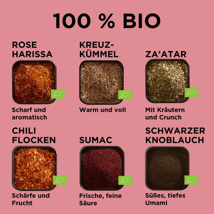 Mill &amp; Mortar BIO Levante-Gewürz-Geschenkset, 6 Gewürze für Ottolenghi Fans | Rose Harissa, Za&