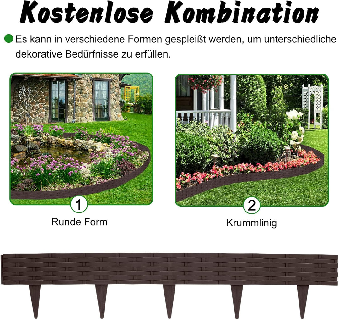 Aufun 10m Rattan Rasenkante Beeteinfassung Kunststoff mit 10 Elemente á 100 cm, Rattan-Optik Design