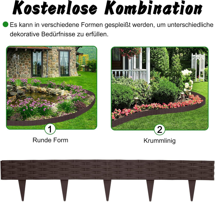 Aufun 10m Rattan Rasenkante Beeteinfassung Kunststoff mit 10 Elemente á 100 cm, Rattan-Optik Design