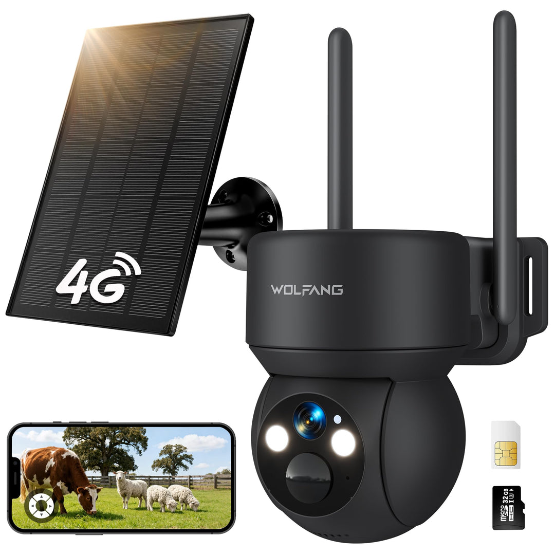 WOLFANG Wildkamera 4G LTE Mobilfunkkamera Solarbetrieben mit 2,5K View Live Video, Pan 355° Neigung