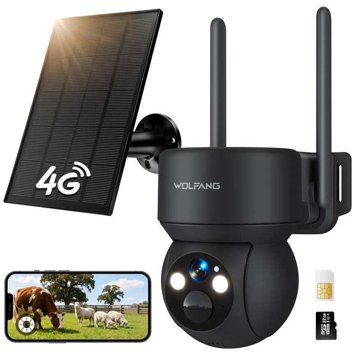 WOLFANG Wildkamera 4G LTE Mobilfunkkamera Solarbetrieben mit 2,5K View Live Video, Pan 355° Neigung