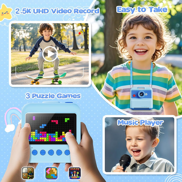 CAMCLID Sofortbildkamera Kinder, 3,0 Zoll Bildschirm Kinderkamera Sofortbildkamera, 48MP/2,5K UHD Ki