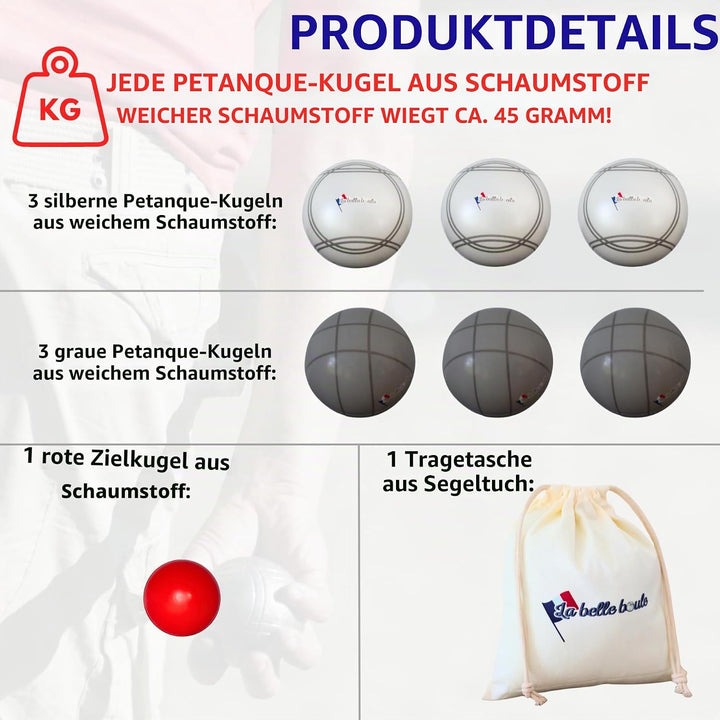 La belle boule Boccia-Kugel aus Schaumstoff – Innen &amp; Aussen – Set mit 6 Kugeln + rote Zielkugel + A