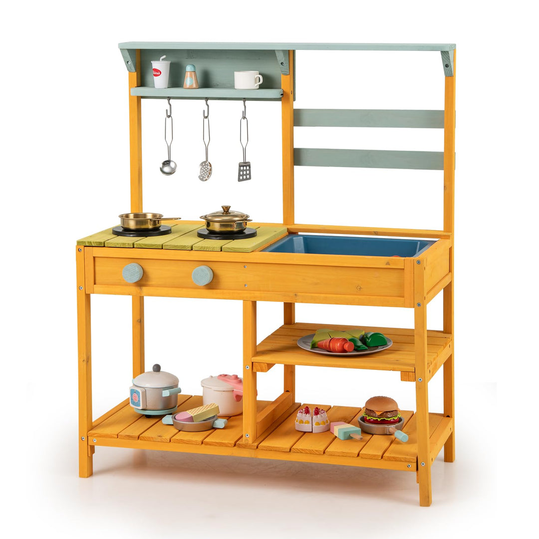 COSTWAY Matschküche Kinder Outdoor, Kinderküche Holz mit Spüle, Spielküche mit Haken & abnehmbarem R