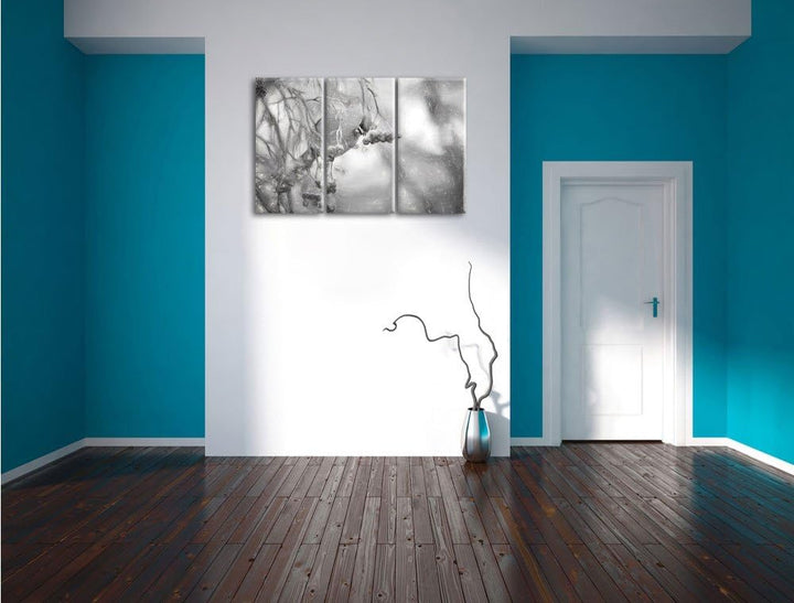 Pixxprint Kleiner Vogel im Vogelbeerbaum Kohle Zeichnung Effekt 3-Teiler Leinwandbild 120x80 Bild au