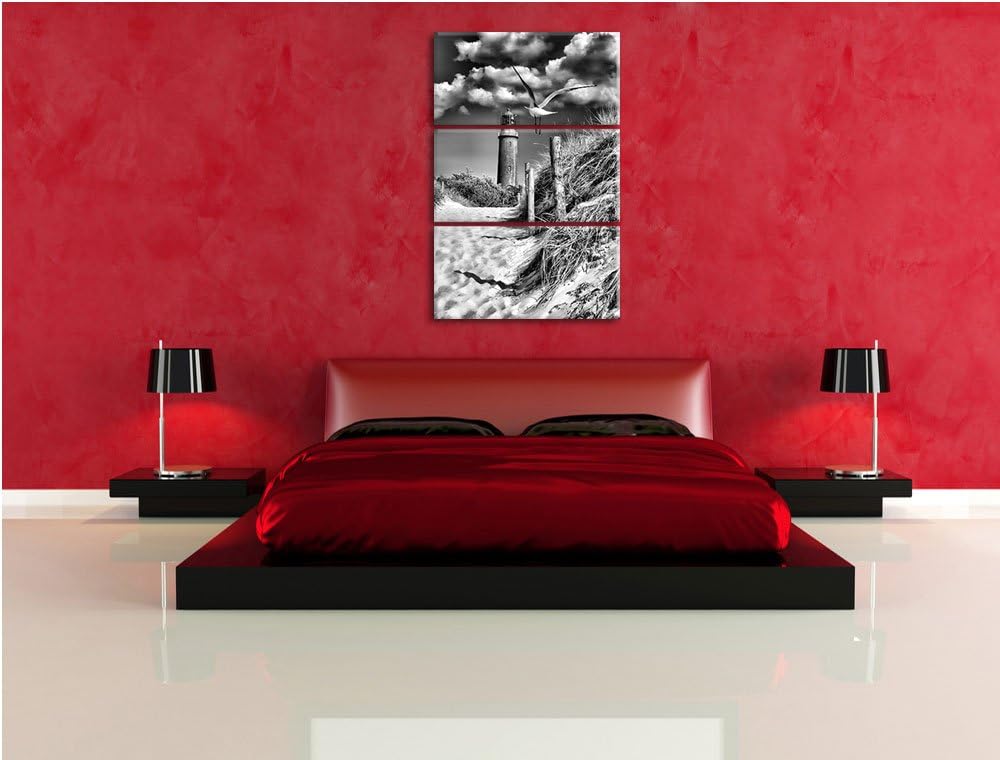 Pixxprint Schöner Leuchtturm am Strand / 3-Teilig/Gesamtmass 120cm Leinwandbild bespannt auf Holzrah