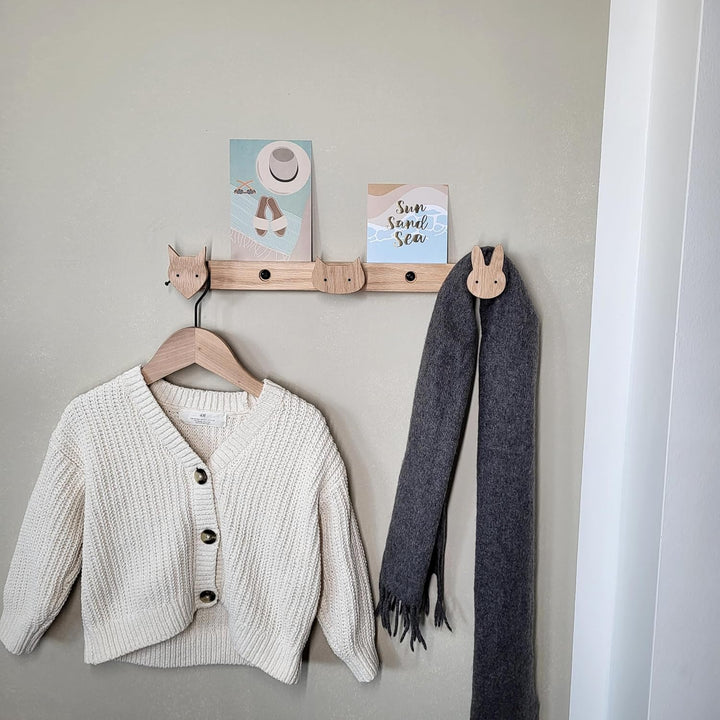 ScandiHooks Kinder Garderobe aus massivem Eichenholz, Wald-Tiere, Wandgarderobe, Hakenleiste, Bilder