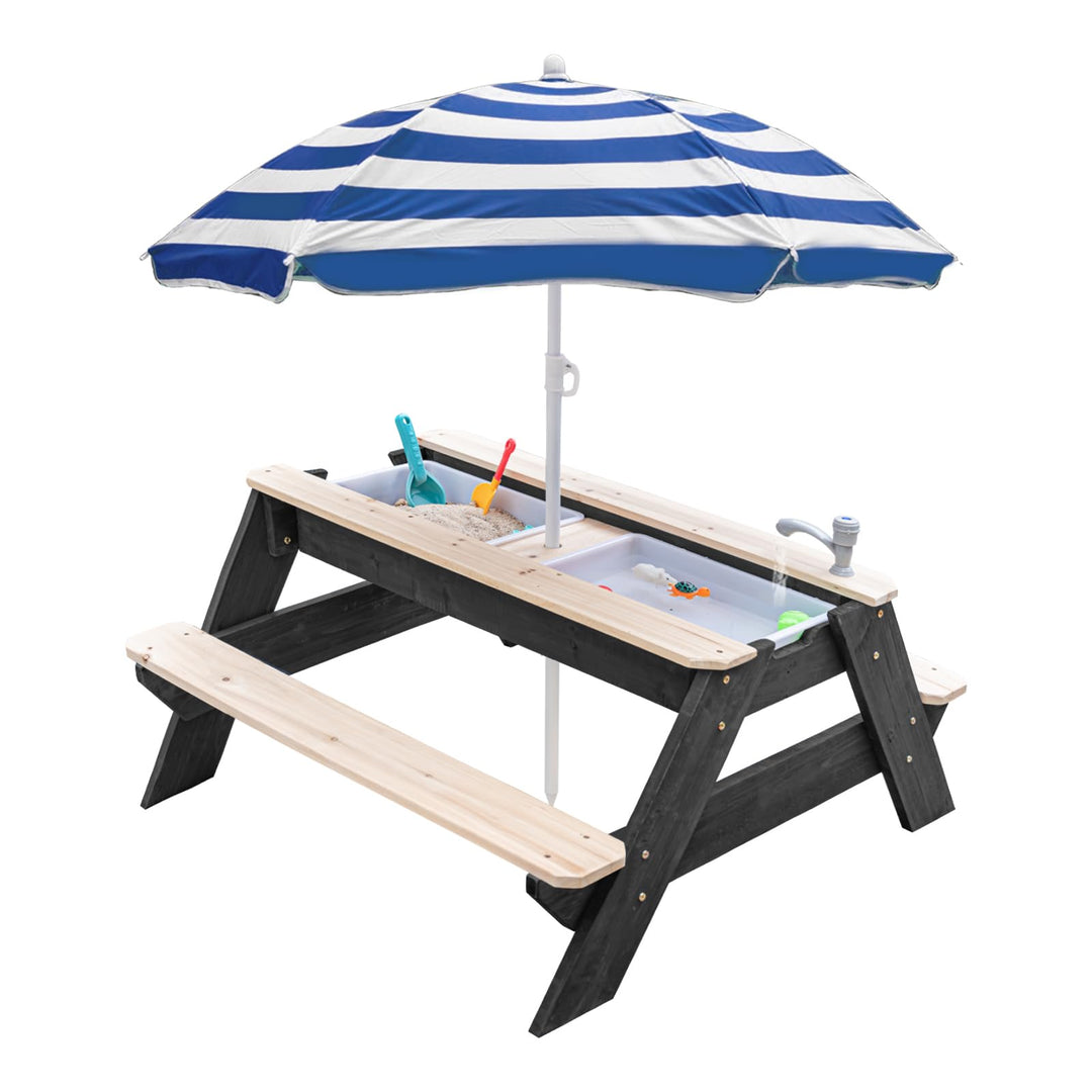 Kids 3-in-1 Sand- und Wasser-Aktivitätstisch, Holz, Outdoor, wandelbarer Picknicktisch mit Regenschi