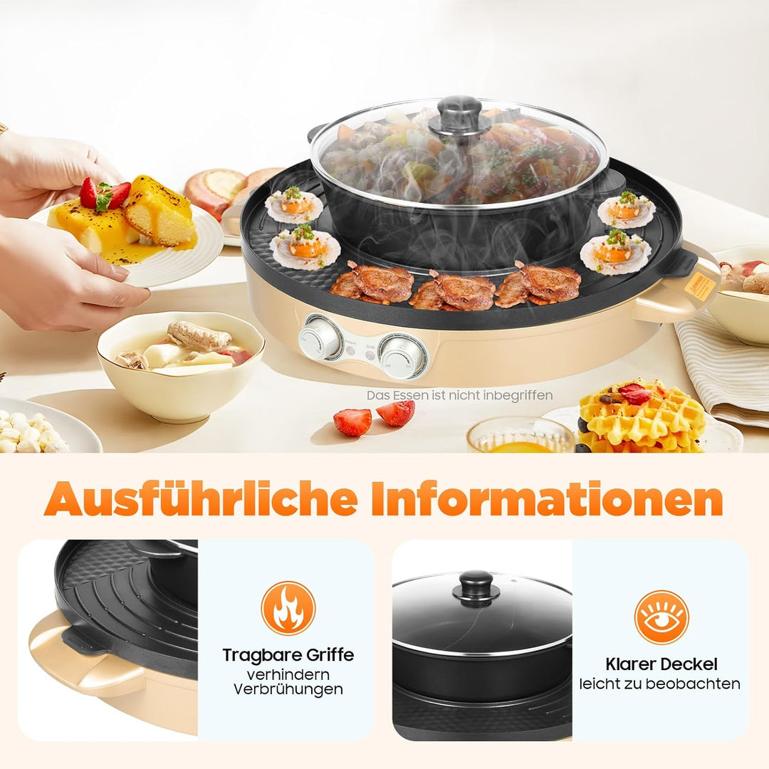 2200W Hot Pot Elektrisch mit Grillplatte, 2-in-1 Design für Fondue und BBQ mit abnehmbarem Fondue To