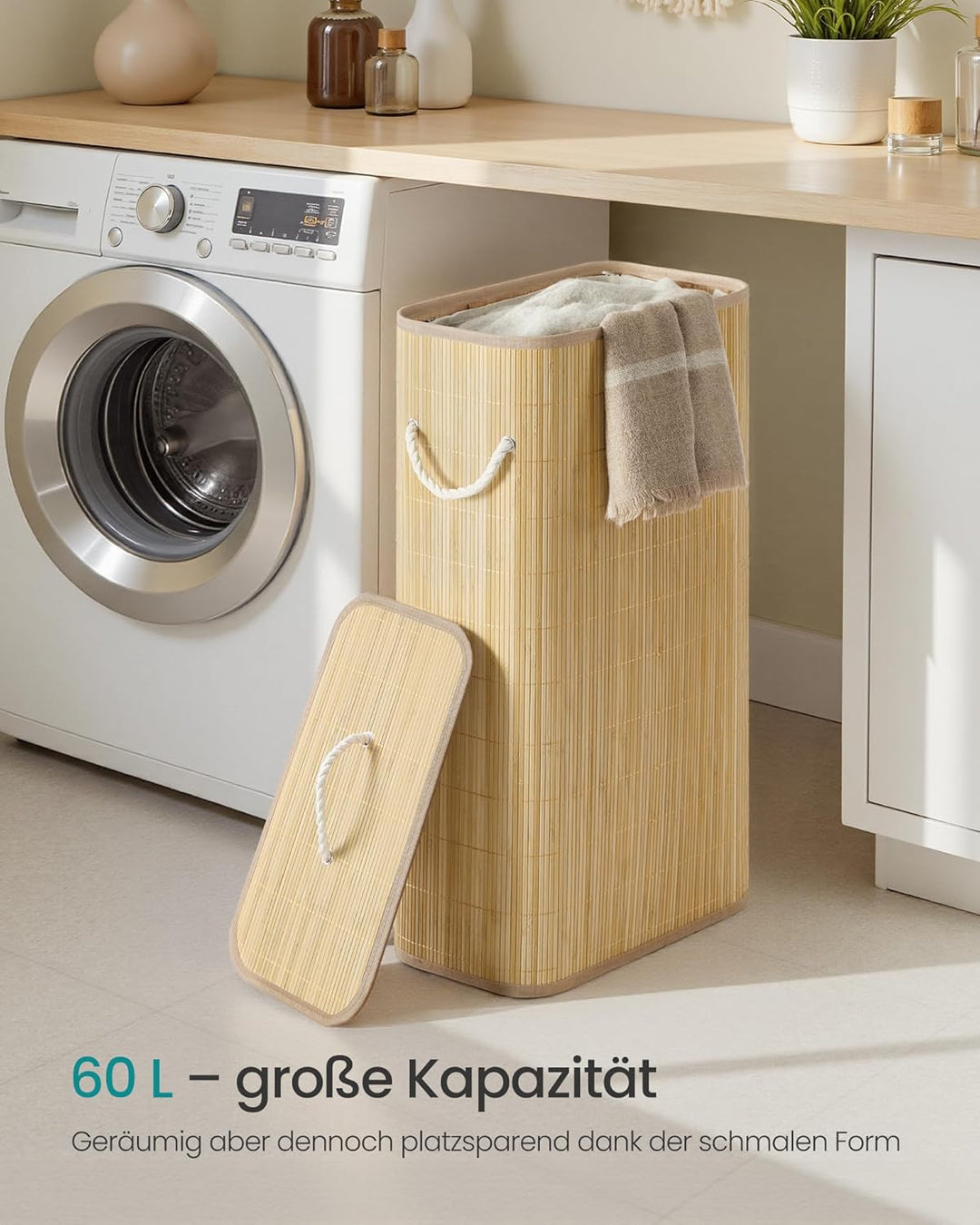 SONGMICS Wäschekorb mit Deckel, 60 L, Wäschesammler Bambus, rechteckig, Wäschebox mit Griffen, faltb