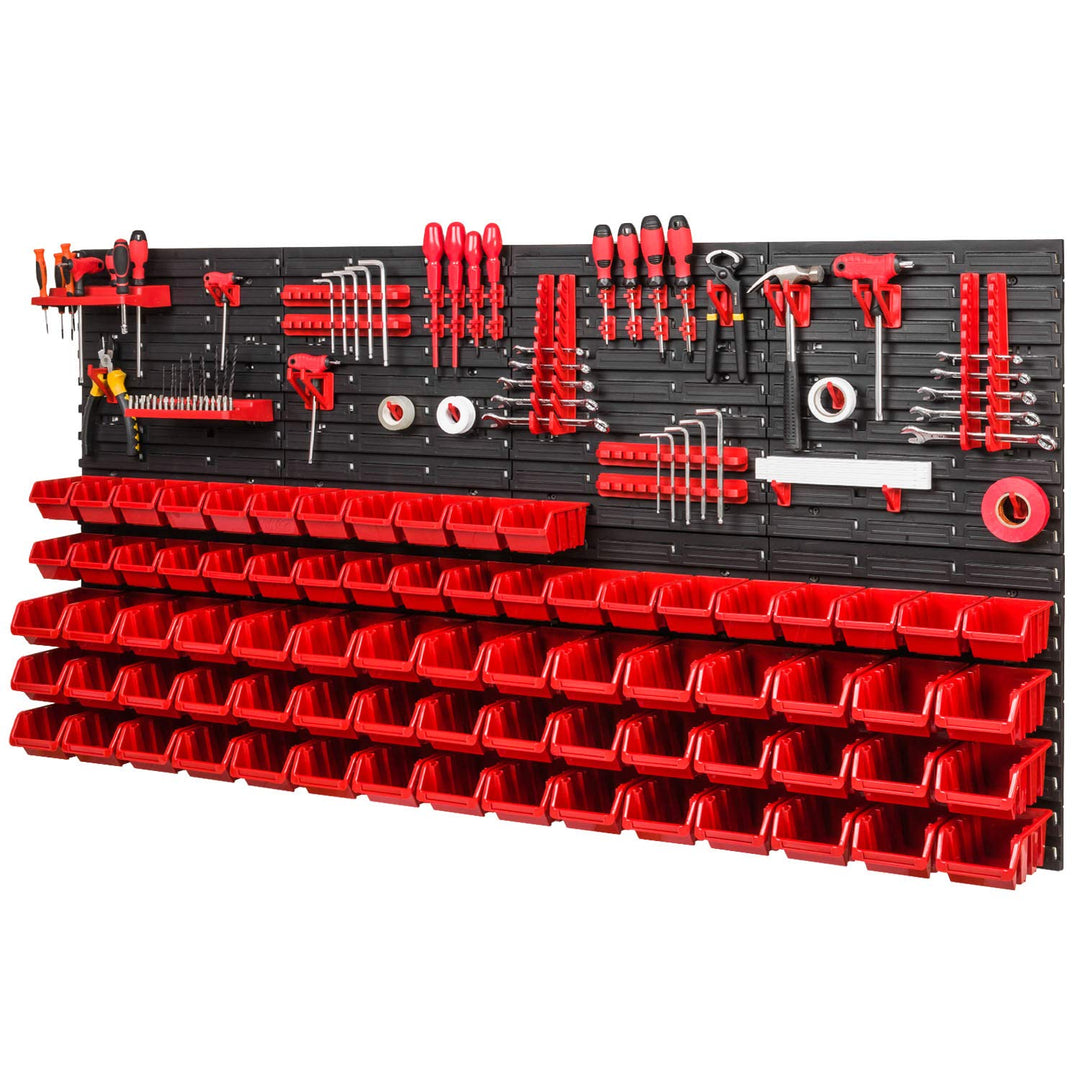 PAFEN Lagersystem - 1544 x 780 mm - Wandregal 75x Rot Stapelboxen und 38 Stück Rot Werkzeughalter |