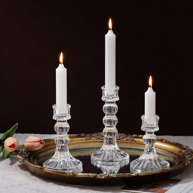 Lewondr Glas Kerzenhalter, 3 Stück einfache Kerzenhalter für Säulen- und Tafelkerzen, Kerzenständer