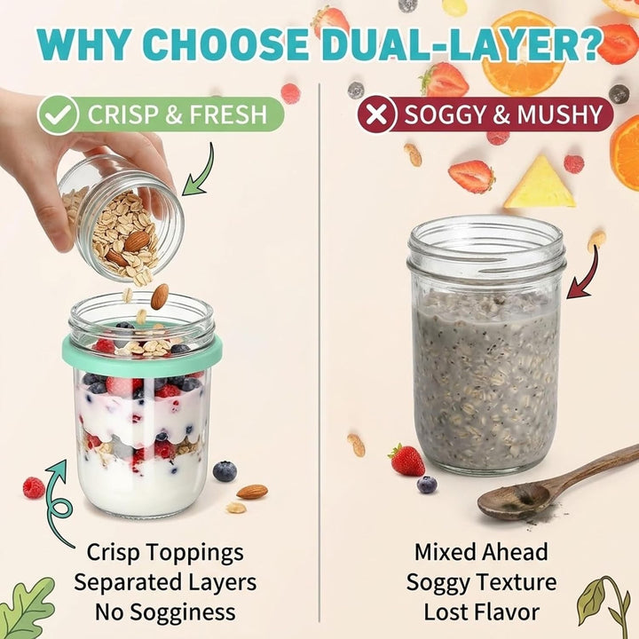 4er Set Overnight Oats Gläser mit Deckel & Löffel – 16oz Müslibecher & 4oz Snack-Box, Doppelkammer J