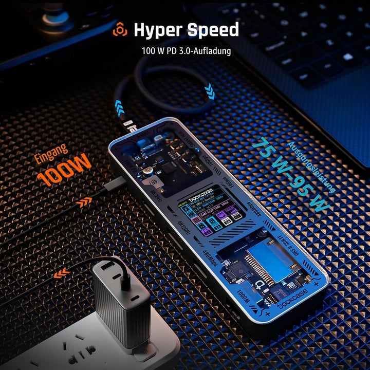 DOCKCASE Explorer Edition USB C Hub, 10-in-1 Dockingstation, Dual Monitor 4K@60Hz (HDMI & DP), 100W